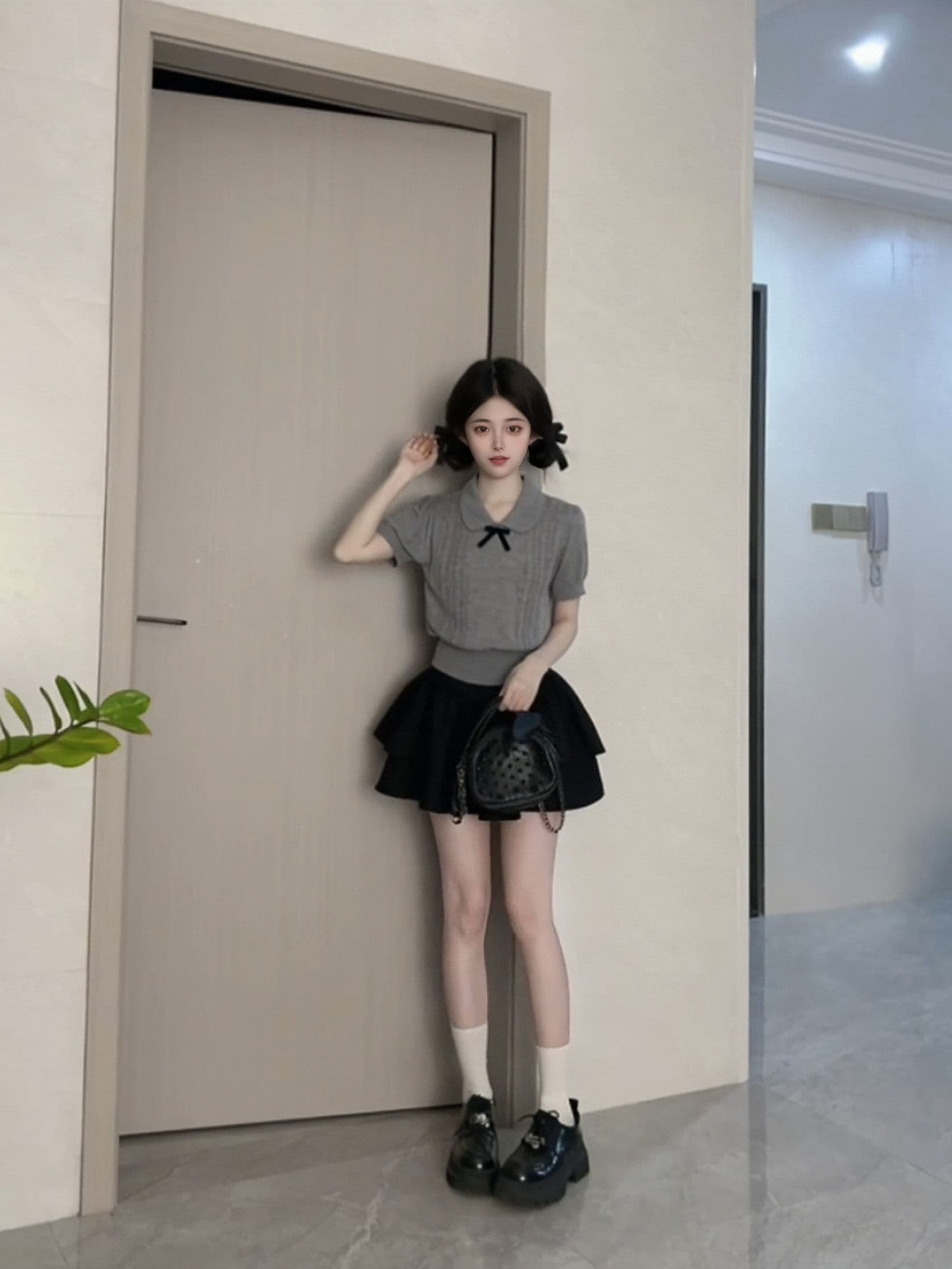 회색 베이비 칼라 나비 매듭 니트 반팔 티셔츠 프랑스식 꼬집기 허리 Chic 작은 맨위 여성 여름 상세 이미지 6