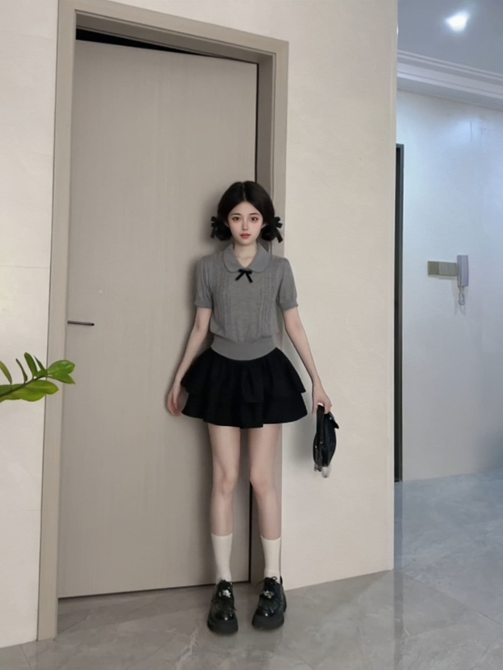 회색 베이비 칼라 나비 매듭 니트 반팔 티셔츠 프랑스식 꼬집기 허리 Chic 작은 맨위 여성 여름 상세 이미지 7