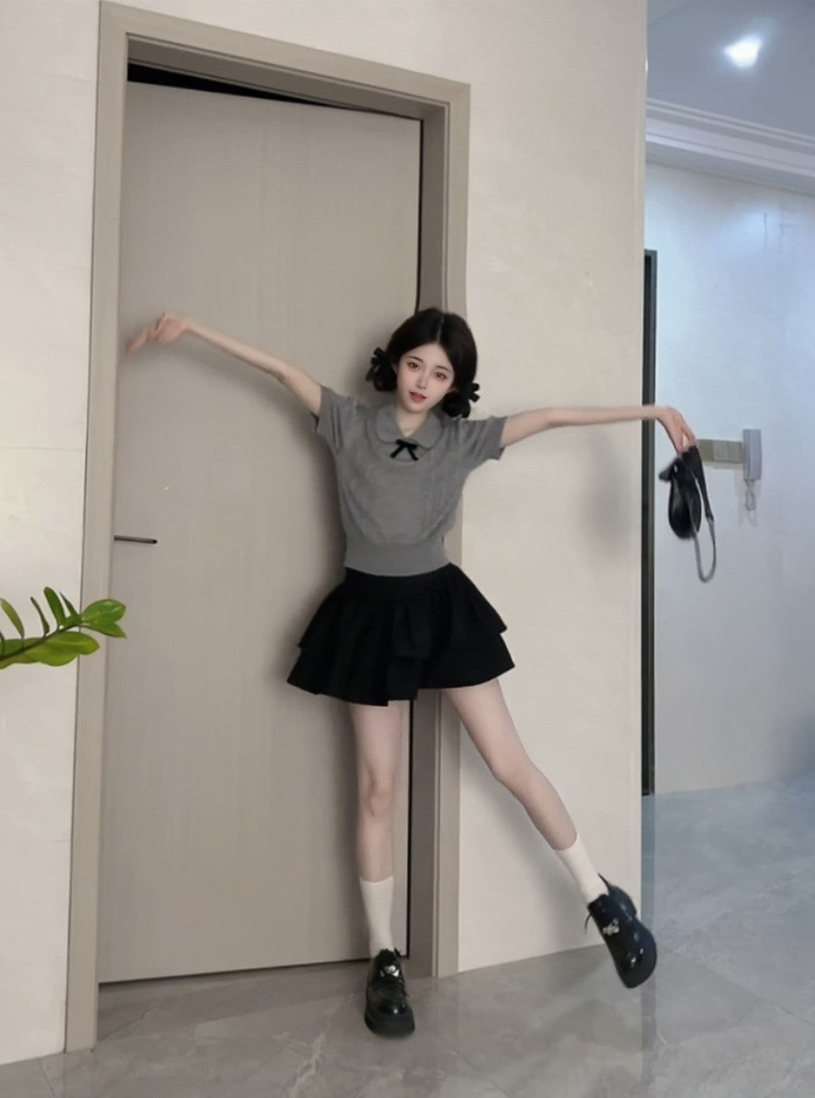 회색 베이비 칼라 나비 매듭 니트 반팔 티셔츠 프랑스식 꼬집기 허리 Chic 작은 맨위 여성 여름 상세 이미지 8
