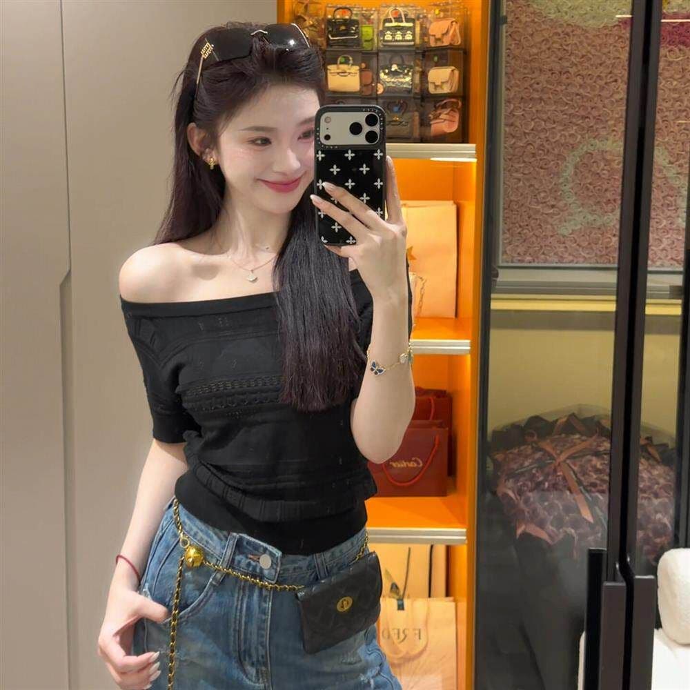 회색 품격 홀로우 아웃 비스듬한 어깨 반팔 니트 스웨터 여성 여름 새로운 한 부서 연령 감소 맨위 상세 이미지 3