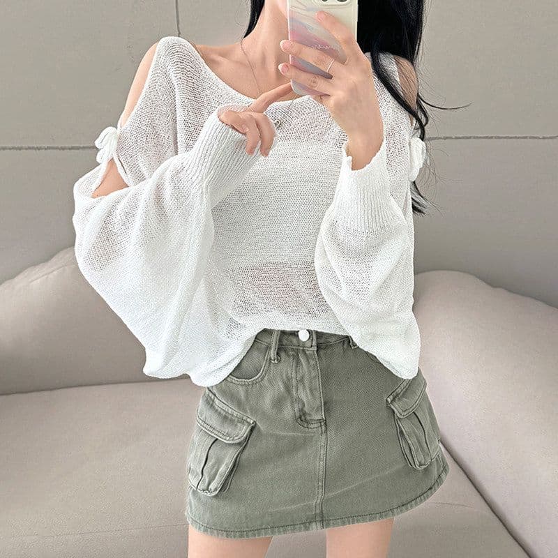 여름 프랑스식 디자인 센스 홀로우 아웃 스트랩 나비 매듭 루즈핏 긴팔 자외선 차단 니트 블라우스 이미지 3