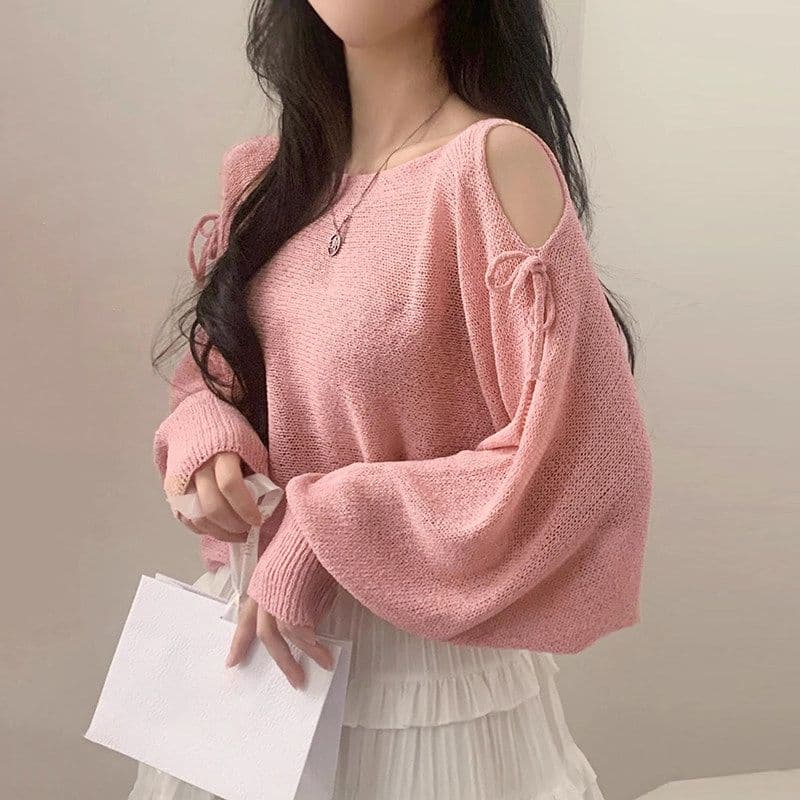 여름 프랑스식 디자인 센스 홀로우 아웃 스트랩 나비 매듭 루즈핏 긴팔 자외선 차단 니트 블라우스 이미지 5