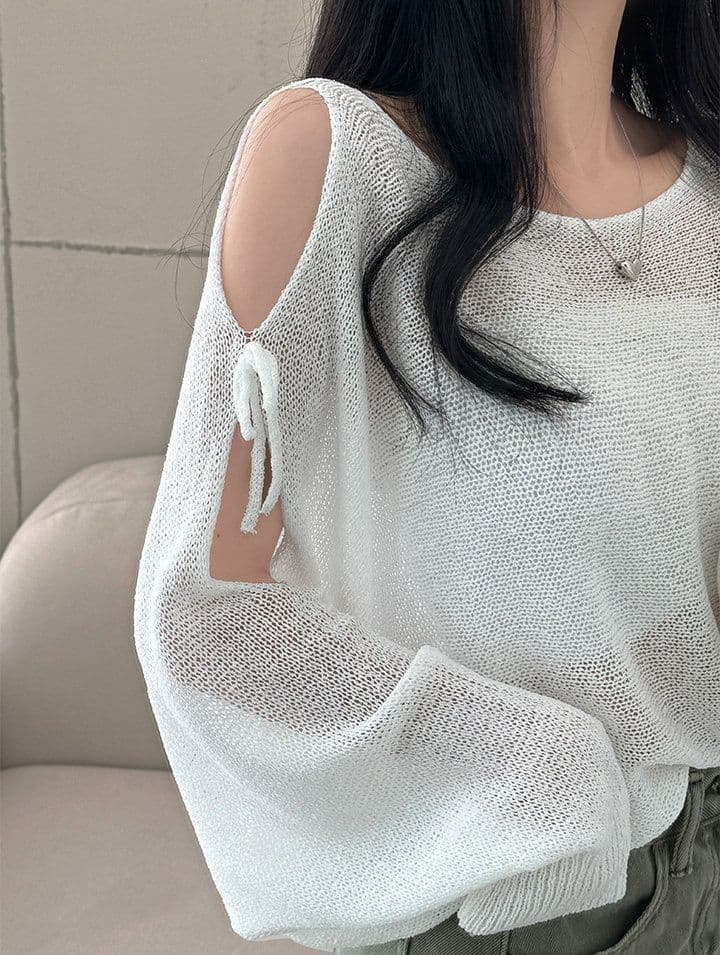 여름 프랑스식 디자인 센스 홀로우 아웃 스트랩 나비 매듭 루즈핏 긴팔 자외선 차단 니트 블라우스 상세 이미지 3