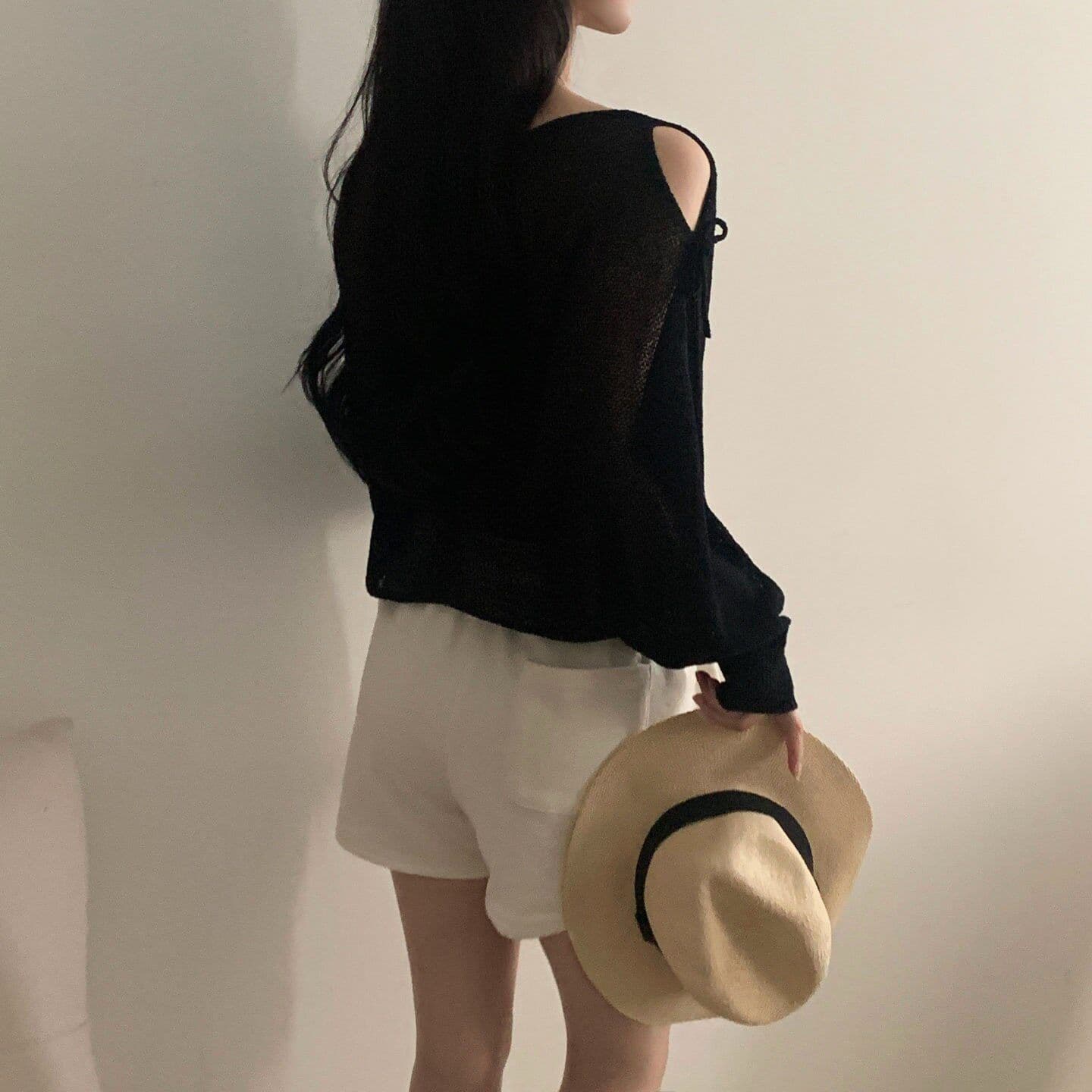 여름 프랑스식 디자인 센스 홀로우 아웃 스트랩 나비 매듭 루즈핏 긴팔 자외선 차단 니트 블라우스 상세 이미지 28