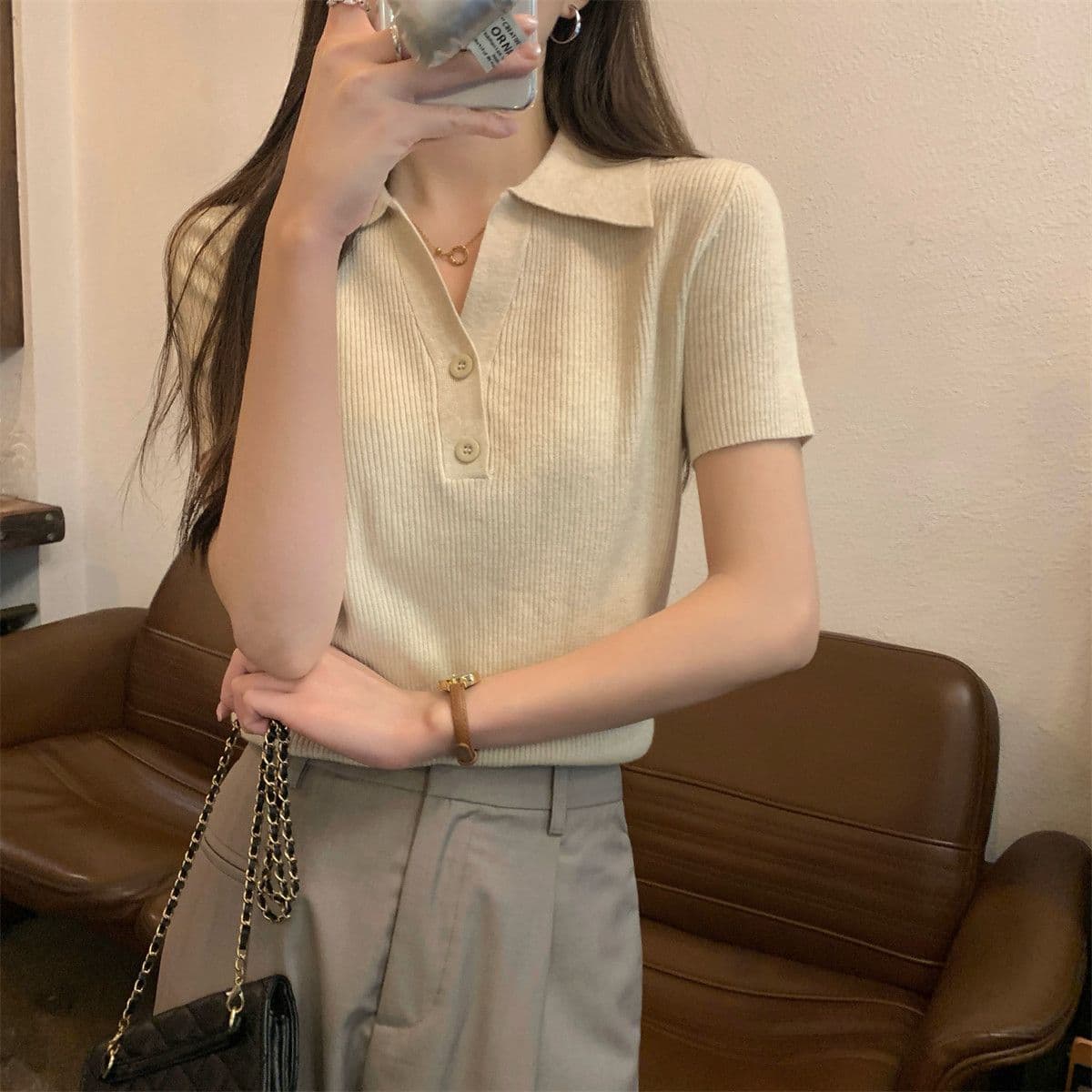 여름 새로운 POLO 칼라 순수한 욕망 작은 셔츠 단추 디자인 센스 반팔 얼음 실크 니트 맨위 상세 이미지 11