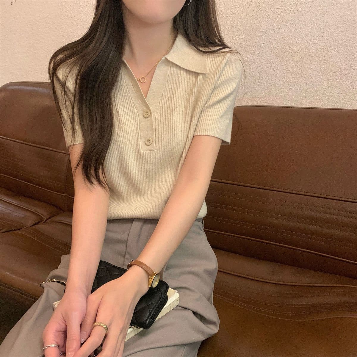 여름 새로운 POLO 칼라 순수한 욕망 작은 셔츠 단추 디자인 센스 반팔 얼음 실크 니트 맨위 상세 이미지 13