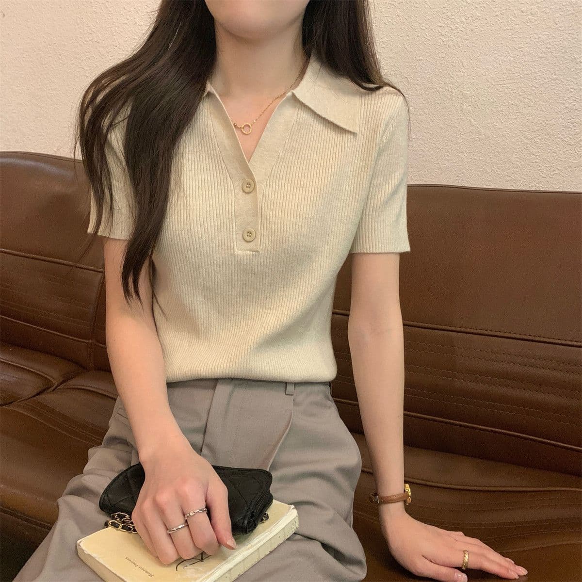 여름 새로운 POLO 칼라 순수한 욕망 작은 셔츠 단추 디자인 센스 반팔 얼음 실크 니트 맨위 상세 이미지 14