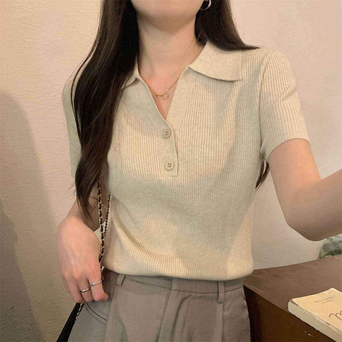 여름 새로운 POLO 칼라 순수한 욕망 작은 셔츠 단추 디자인 센스 반팔 얼음 실크 니트 맨위 상세 이미지 17