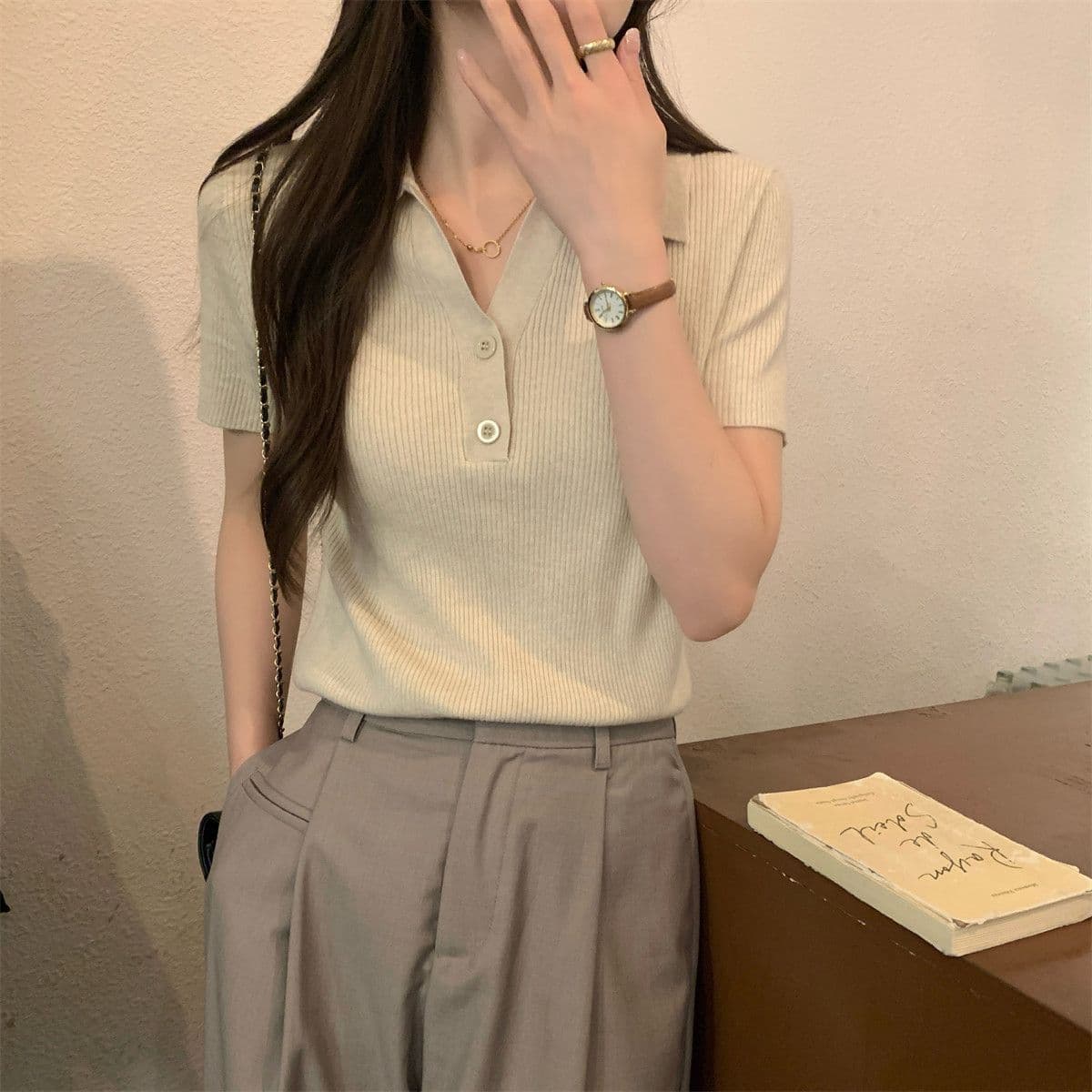 여름 새로운 POLO 칼라 순수한 욕망 작은 셔츠 단추 디자인 센스 반팔 얼음 실크 니트 맨위 상세 이미지 18