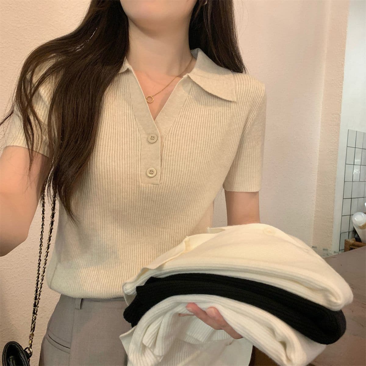 여름 새로운 POLO 칼라 순수한 욕망 작은 셔츠 단추 디자인 센스 반팔 얼음 실크 니트 맨위 상세 이미지 20