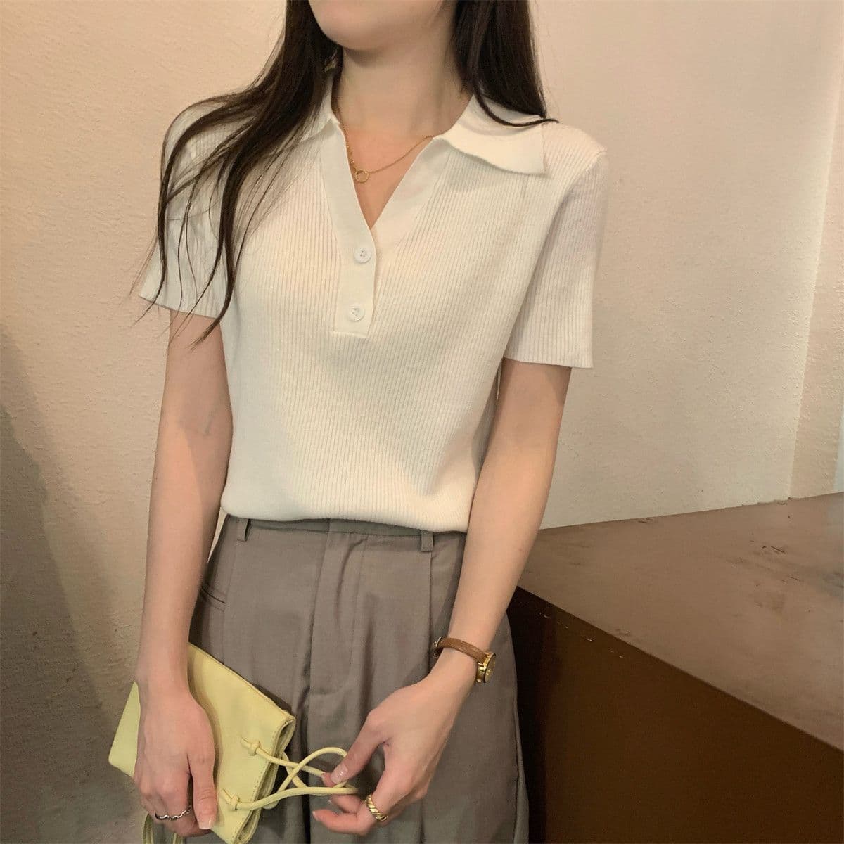 여름 새로운 POLO 칼라 순수한 욕망 작은 셔츠 단추 디자인 센스 반팔 얼음 실크 니트 맨위 상세 이미지 21