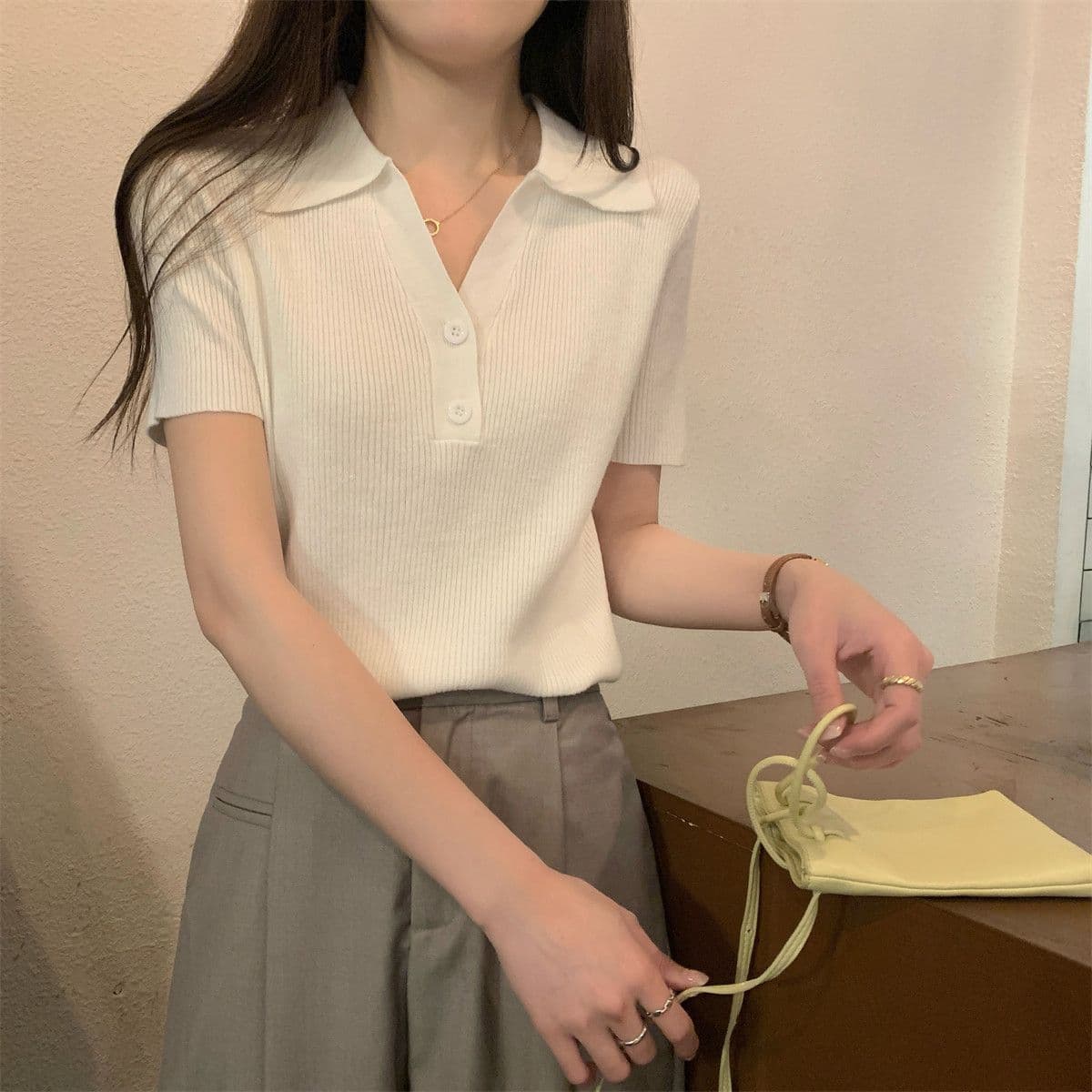 여름 새로운 POLO 칼라 순수한 욕망 작은 셔츠 단추 디자인 센스 반팔 얼음 실크 니트 맨위 상세 이미지 22