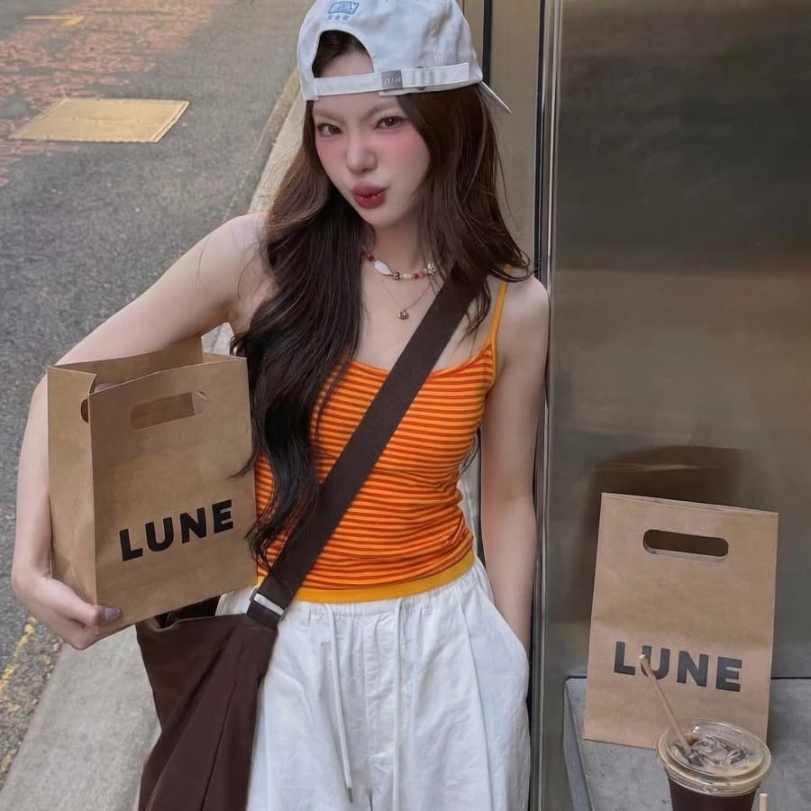 도파민 핫걸 주황색 스트라이프 캐미솔 여름 수 있습니다. 외출용 슬림해 보이는 민소매 맨위 이미지 4