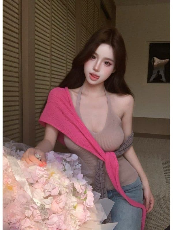 품격 핫걸 민소매 행침 목 슬립 여성 여름 스택 착용 배색 니트 숄 투피스 세트 이미지 3