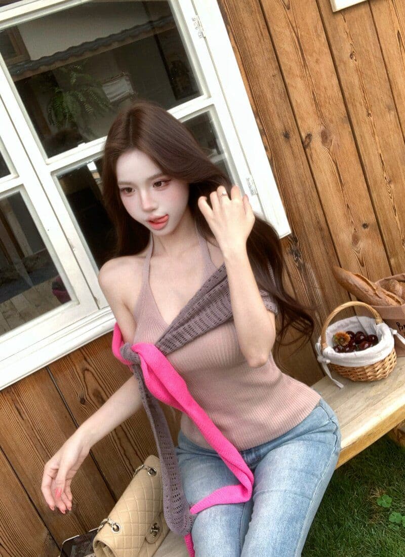 품격 핫걸 민소매 행침 목 슬립 여성 여름 스택 착용 배색 니트 숄 투피스 세트 상세 이미지 2