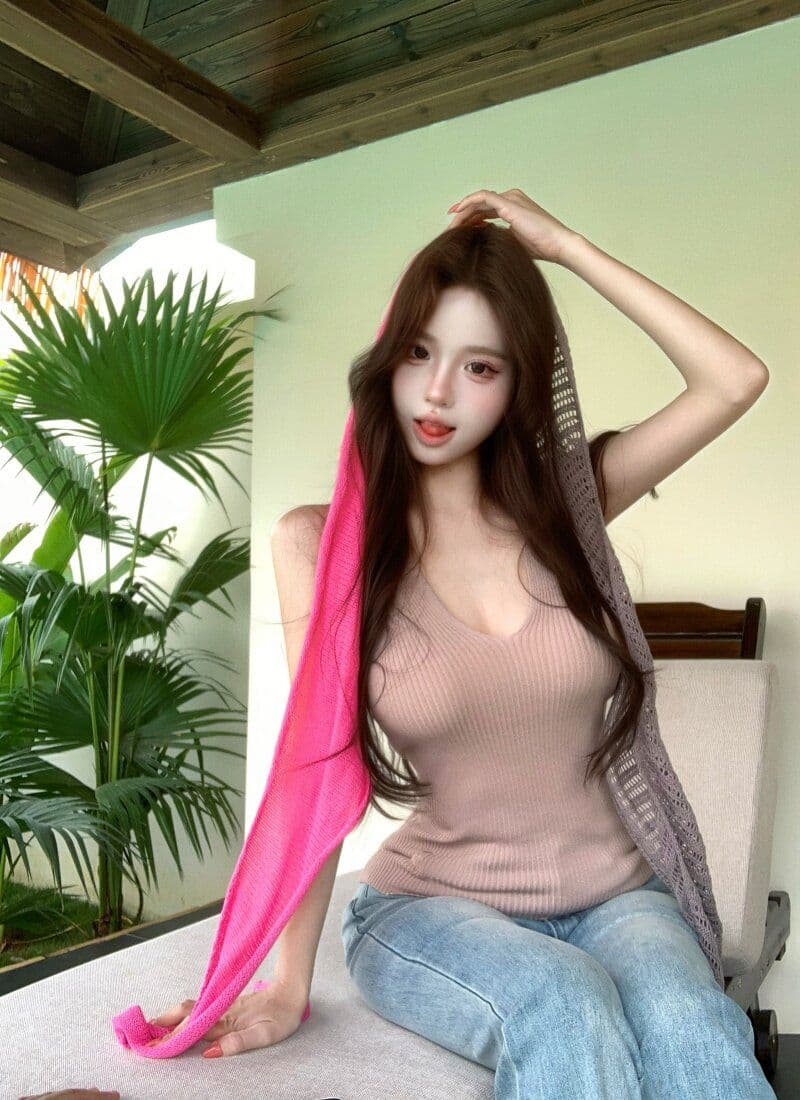 품격 핫걸 민소매 행침 목 슬립 여성 여름 스택 착용 배색 니트 숄 투피스 세트 상세 이미지 5