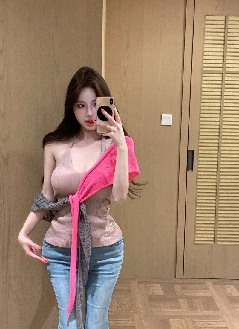 품격 핫걸 민소매 행침 목 슬립 여성 여름 스택 착용 배색 니트 숄 투피스 세트 상세 이미지 10
