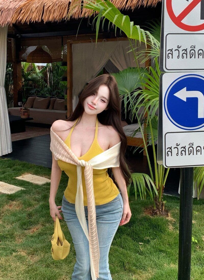 품격 핫걸 민소매 행침 목 슬립 여성 여름 스택 착용 배색 니트 숄 투피스 세트 상세 이미지 13