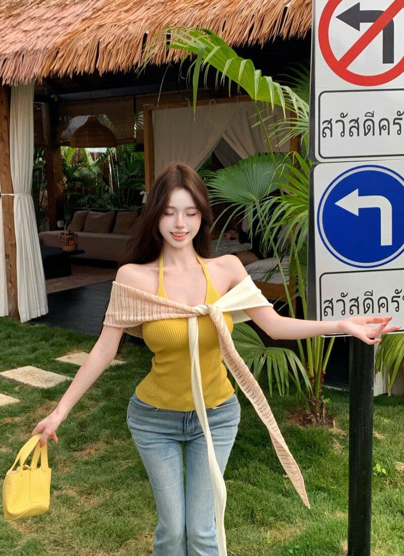품격 핫걸 민소매 행침 목 슬립 여성 여름 스택 착용 배색 니트 숄 투피스 세트 상세 이미지 14