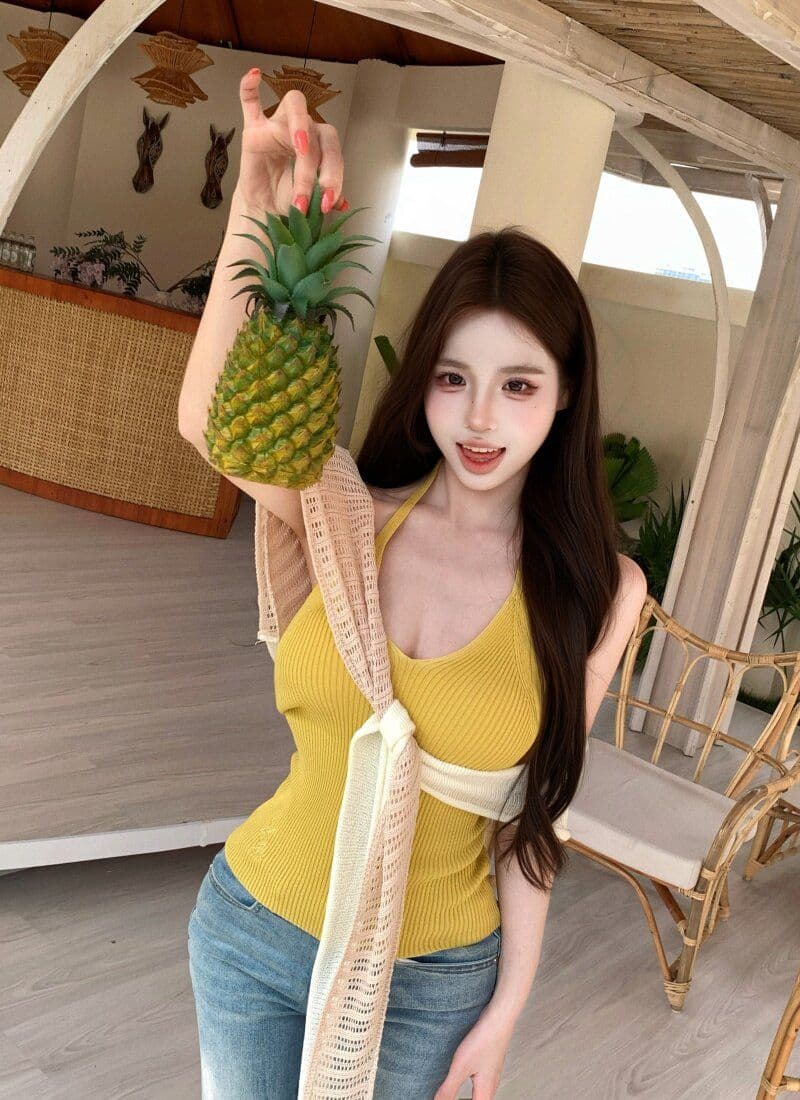 품격 핫걸 민소매 행침 목 슬립 여성 여름 스택 착용 배색 니트 숄 투피스 세트 상세 이미지 15