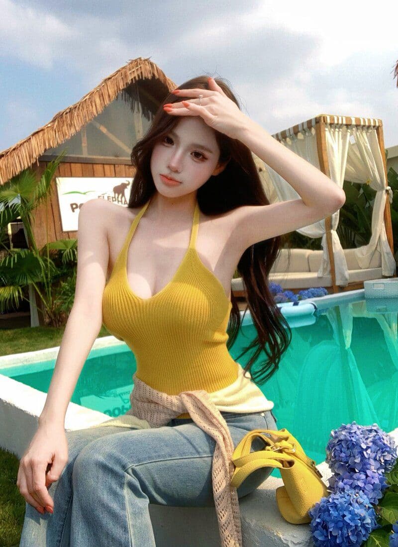 품격 핫걸 민소매 행침 목 슬립 여성 여름 스택 착용 배색 니트 숄 투피스 세트 상세 이미지 18