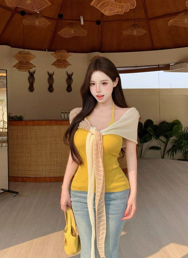 품격 핫걸 민소매 행침 목 슬립 여성 여름 스택 착용 배색 니트 숄 투피스 세트 상세 이미지 19