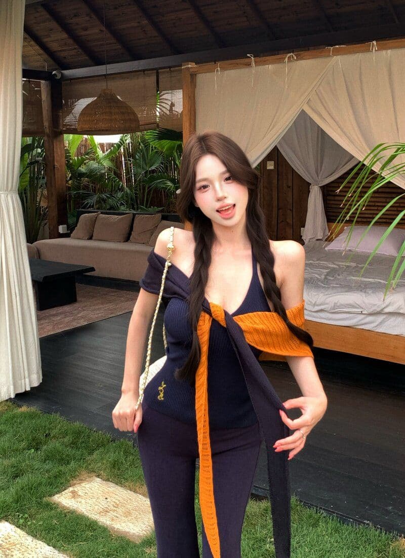 품격 핫걸 민소매 행침 목 슬립 여성 여름 스택 착용 배색 니트 숄 투피스 세트 상세 이미지 24