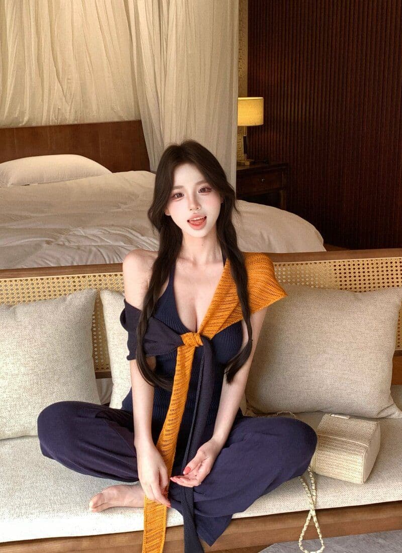 품격 핫걸 민소매 행침 목 슬립 여성 여름 스택 착용 배색 니트 숄 투피스 세트 상세 이미지 27