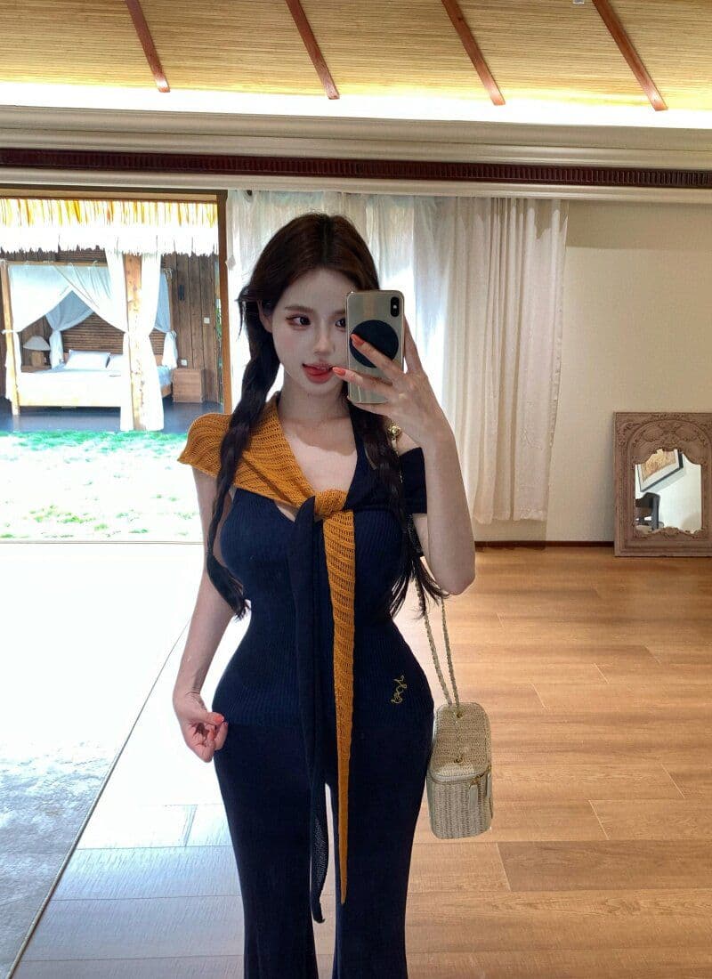 품격 핫걸 민소매 행침 목 슬립 여성 여름 스택 착용 배색 니트 숄 투피스 세트 상세 이미지 28