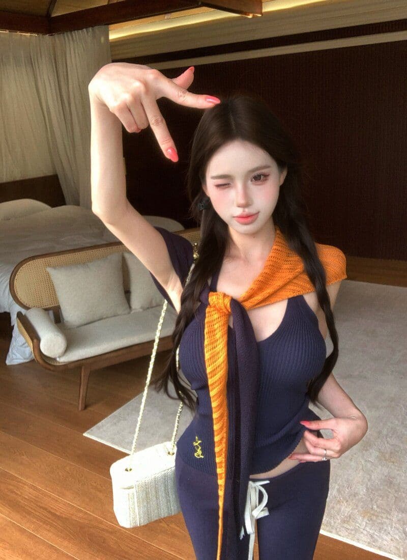 품격 핫걸 민소매 행침 목 슬립 여성 여름 스택 착용 배색 니트 숄 투피스 세트 상세 이미지 29