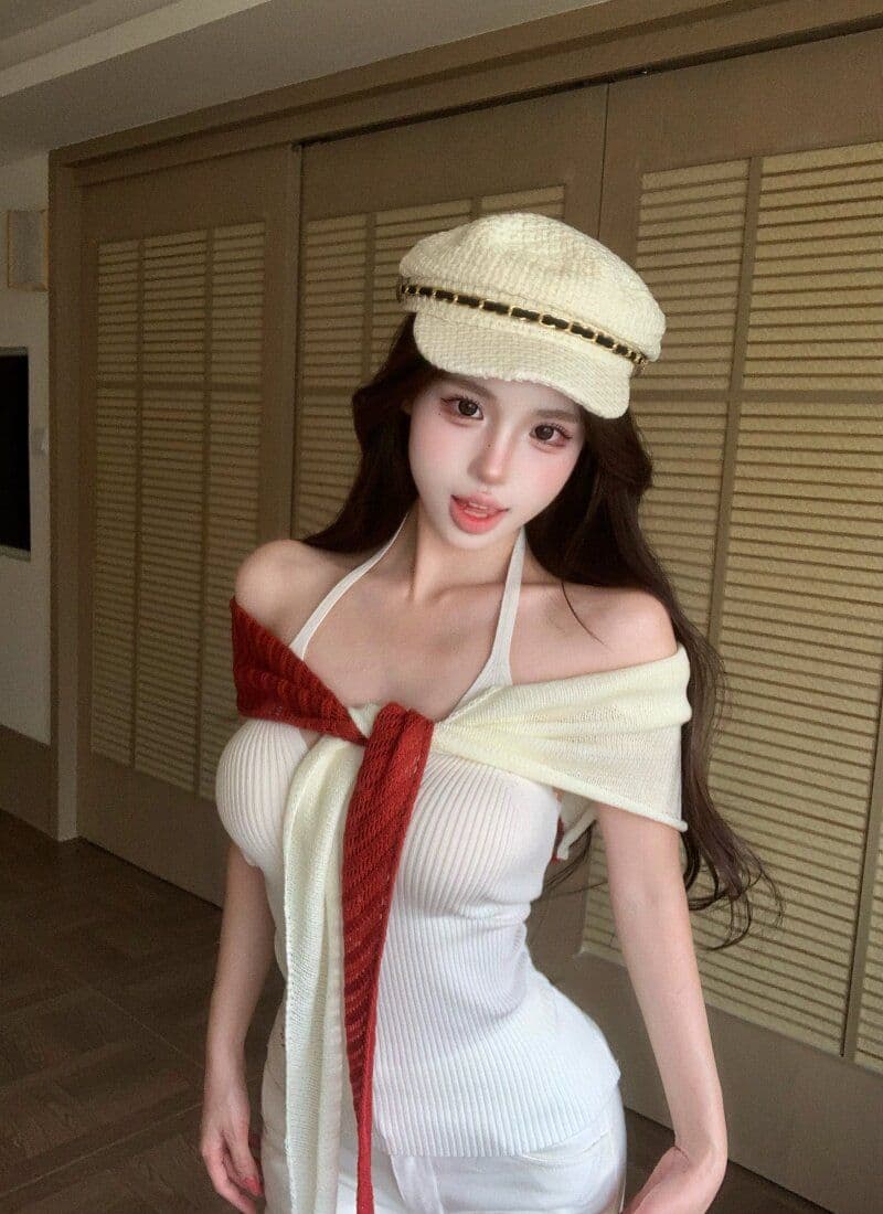 품격 핫걸 민소매 행침 목 슬립 여성 여름 스택 착용 배색 니트 숄 투피스 세트 상세 이미지 33