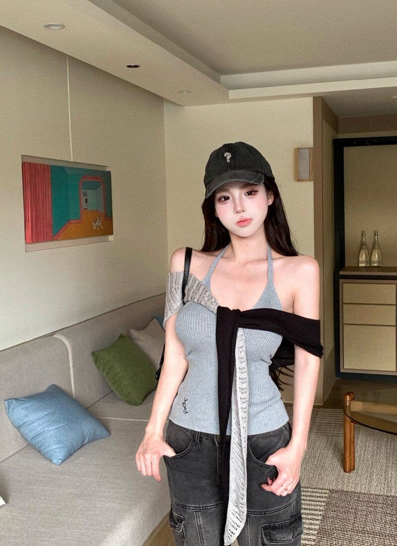 품격 핫걸 민소매 행침 목 슬립 여성 여름 스택 착용 배색 니트 숄 투피스 세트 상세 이미지 39