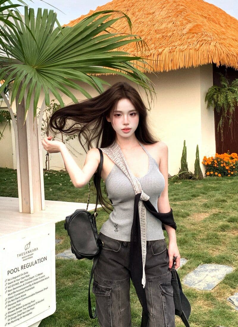 품격 핫걸 민소매 행침 목 슬립 여성 여름 스택 착용 배색 니트 숄 투피스 세트 상세 이미지 43
