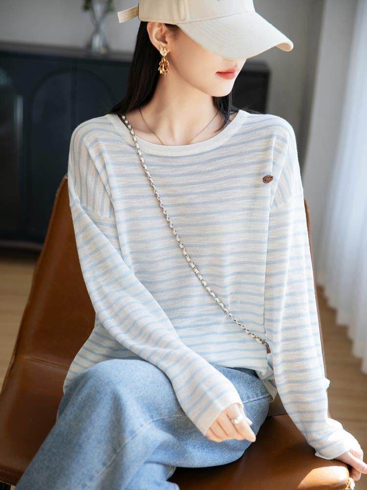 클래식 스트라이프 긴팔 자외선 차단 의류 통기성 블라우스 여성 여름 얇은 새로운 슬림해 보이는 루즈핏 맨위 이미지 4
