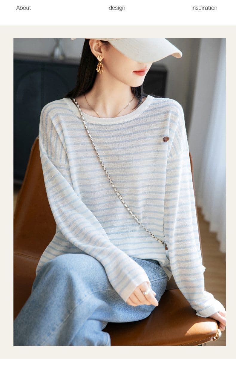 클래식 스트라이프 긴팔 자외선 차단 의류 통기성 블라우스 여성 여름 얇은 새로운 슬림해 보이는 루즈핏 맨위 상세 이미지 8