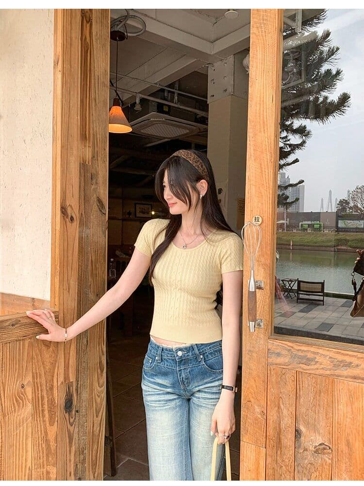 기초 다용도 단색 마 무늬 반팔 니트 스웨터 여성 봄 여름 몸매 가꾸기 쇼트 스타일 맨위 이미지 2
