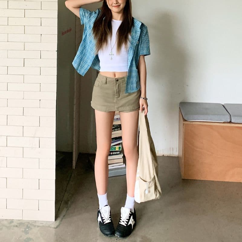 아메리칸 레트로 카키 색 데님 미니 스커트 여성 2026 새로운 여름 A라인 스커트 하이웨이스트 슬림해 보이는 타이트 스커트 반신 스커트 이미지 4