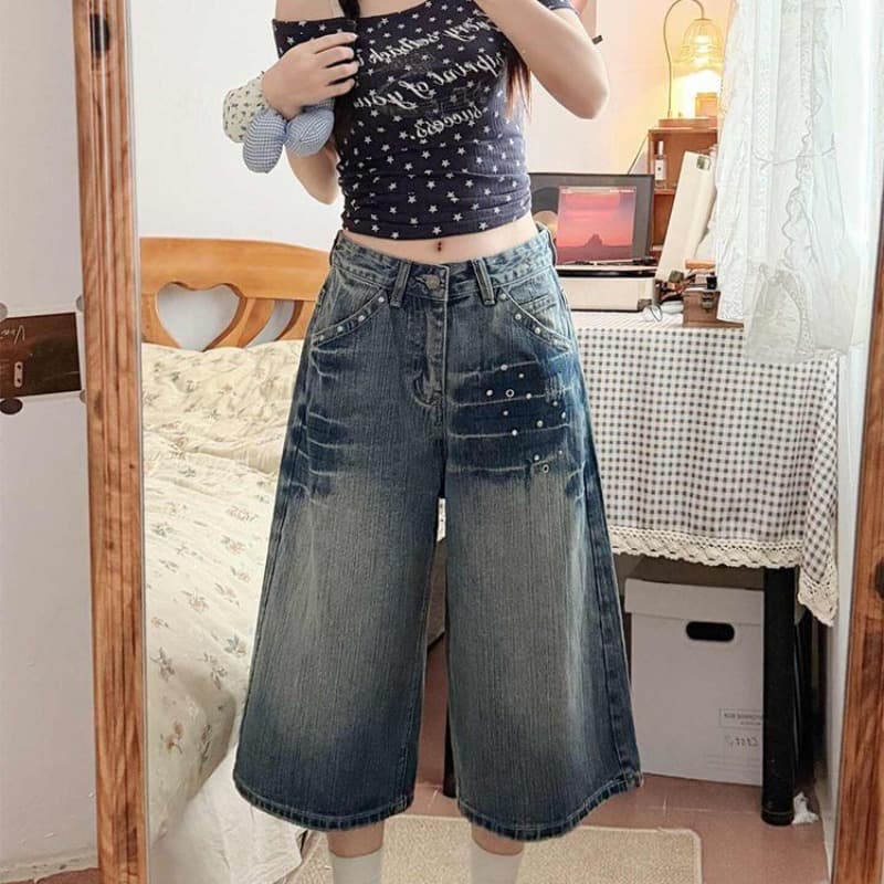 아메리칸 레트로 버드 나무 못 워싱 번개 7 점 데님 반바지 여성 여름 넓은 다리 스트레이트 중 바지 이미지 5