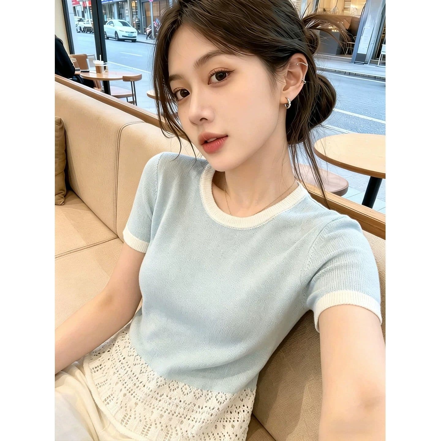 한 부서 라운드 넥 배색 홀로우 아웃 반팔 니트 스웨터 여성 2026 여름 새로운 몸매 가꾸기 슬림해 보이는 맨위 이미지 4
