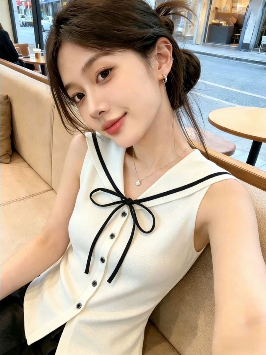 V넥 숄 페이크 레이어드 조끼 니트 스웨터 여성 여름 새로운 몸매 가꾸기 슬림해 보이는 맨위 트렌디 이미지 2