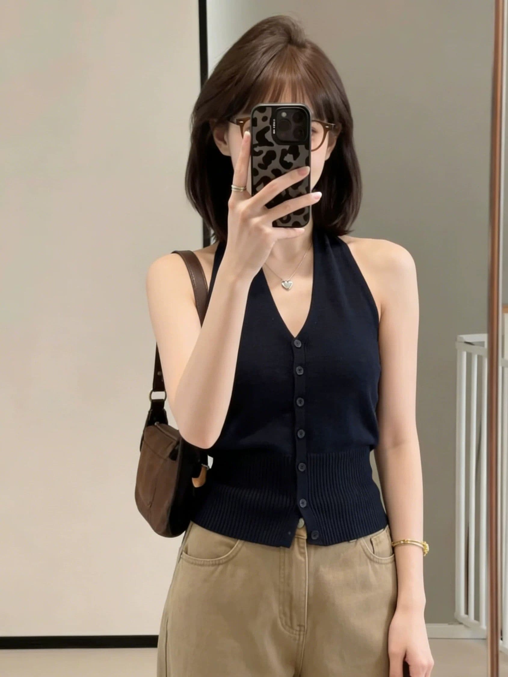 해군 V넥 행침 목 백리스 캐미솔 여름 몸매 가꾸기 허리 수축 쇼트 스타일 민소매 맨위 이미지 3