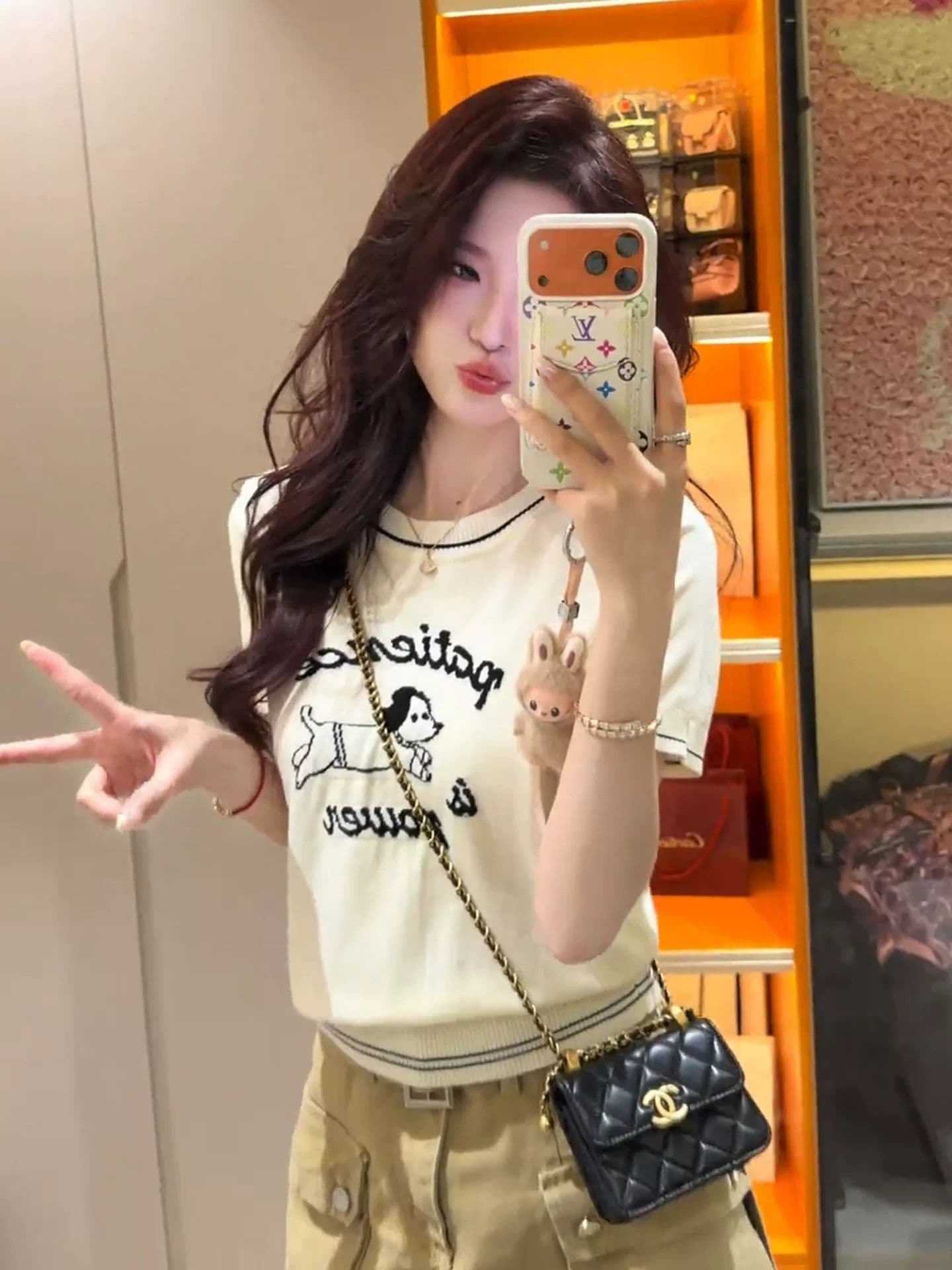 한 부서 살구 색상 강아지 자카드 니트 반팔 티셔츠 여성 여름 얇은 스타일 몸매 가꾸기 쇼트 스타일 맨위 이미지 4