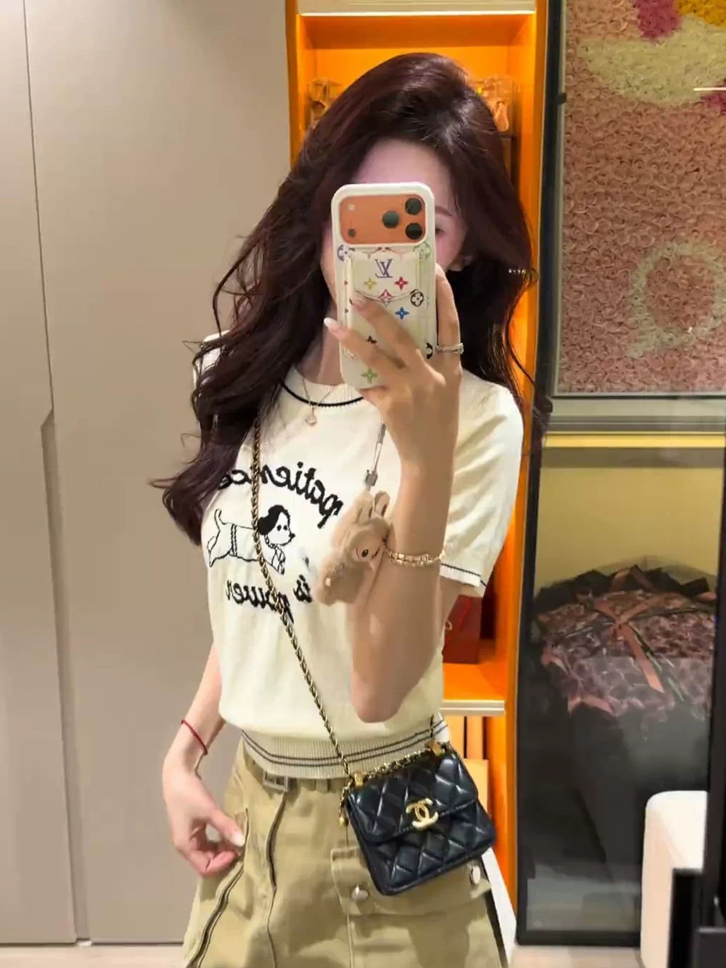 한 부서 살구 색상 강아지 자카드 니트 반팔 티셔츠 여성 여름 얇은 스타일 몸매 가꾸기 쇼트 스타일 맨위 이미지 2