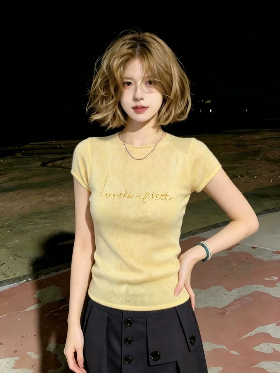 도파민 착용 가져 가라. 황색 자수 니트 반팔 티셔츠 여성 여름 디자인 센스 작은 대중 맨위 이미지 3
