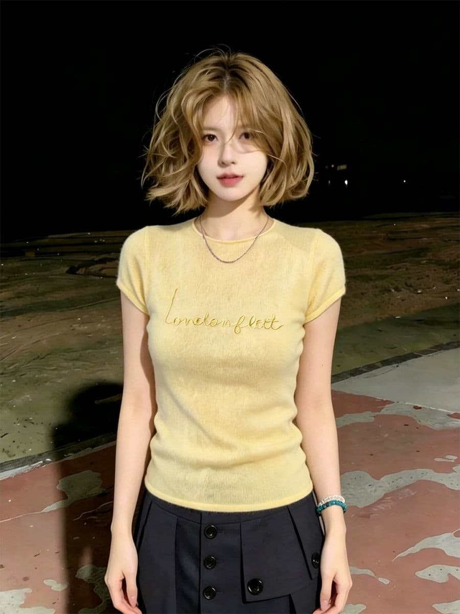 도파민 착용 가져 가라. 황색 자수 니트 반팔 티셔츠 여성 여름 디자인 센스 작은 대중 맨위 이미지 4