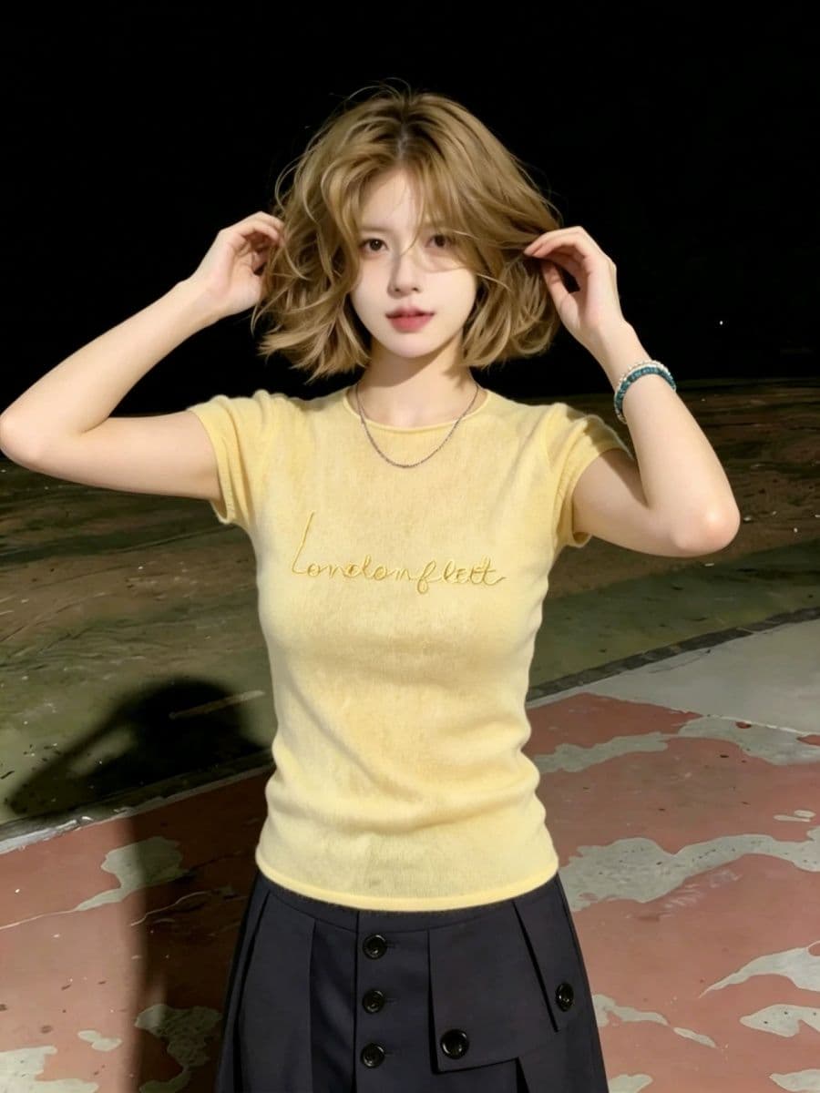 도파민 착용 가져 가라. 황색 자수 니트 반팔 티셔츠 여성 여름 디자인 센스 작은 대중 맨위 상세 이미지 2