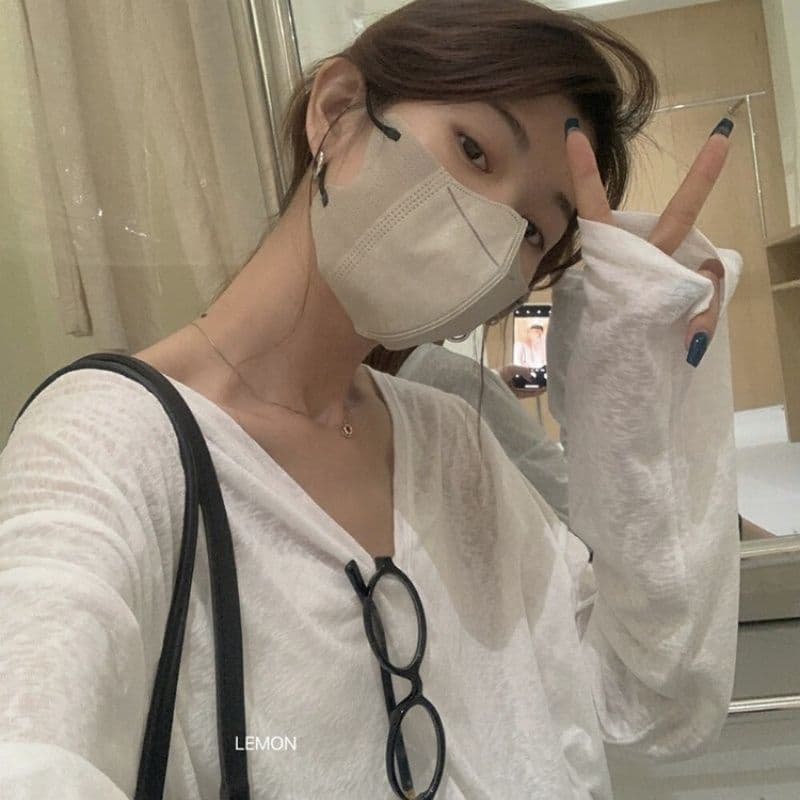 대나무 마디 리브 V넥 긴팔 자외선 차단 블라우스 외부 가져 가라. 셔츠 Tulle 맨위 이미지 5
