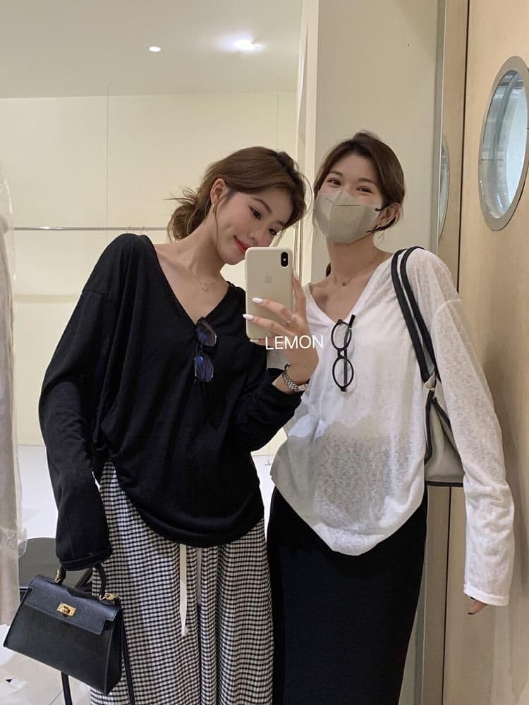 대나무 마디 리브 V넥 긴팔 자외선 차단 블라우스 외부 가져 가라. 셔츠 Tulle 맨위 상세 이미지 21