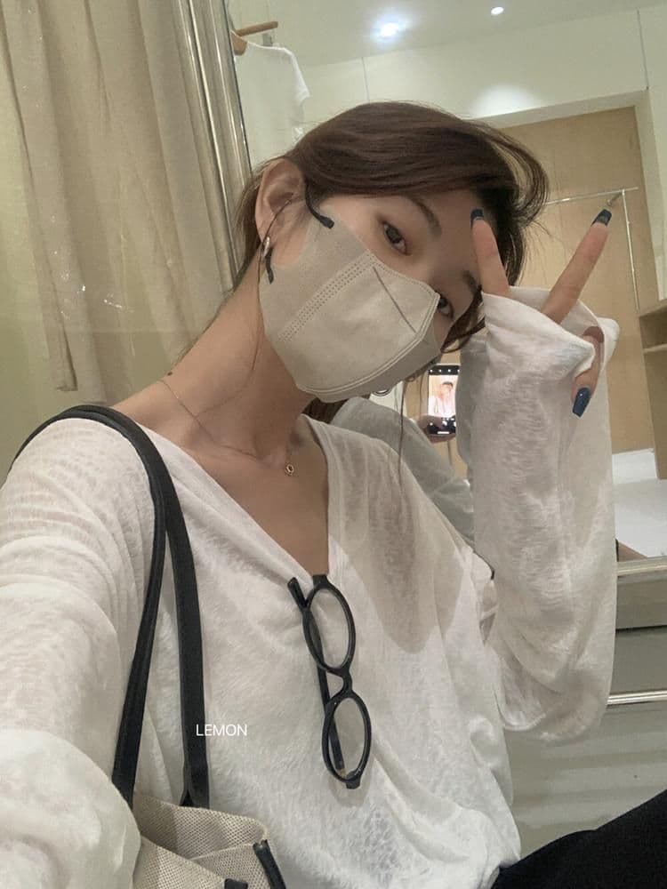 대나무 마디 리브 V넥 긴팔 자외선 차단 블라우스 외부 가져 가라. 셔츠 Tulle 맨위 상세 이미지 23