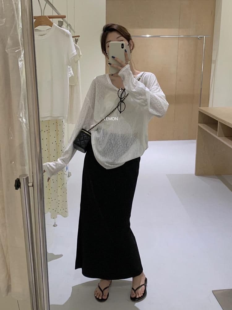 대나무 마디 리브 V넥 긴팔 자외선 차단 블라우스 외부 가져 가라. 셔츠 Tulle 맨위 상세 이미지 24